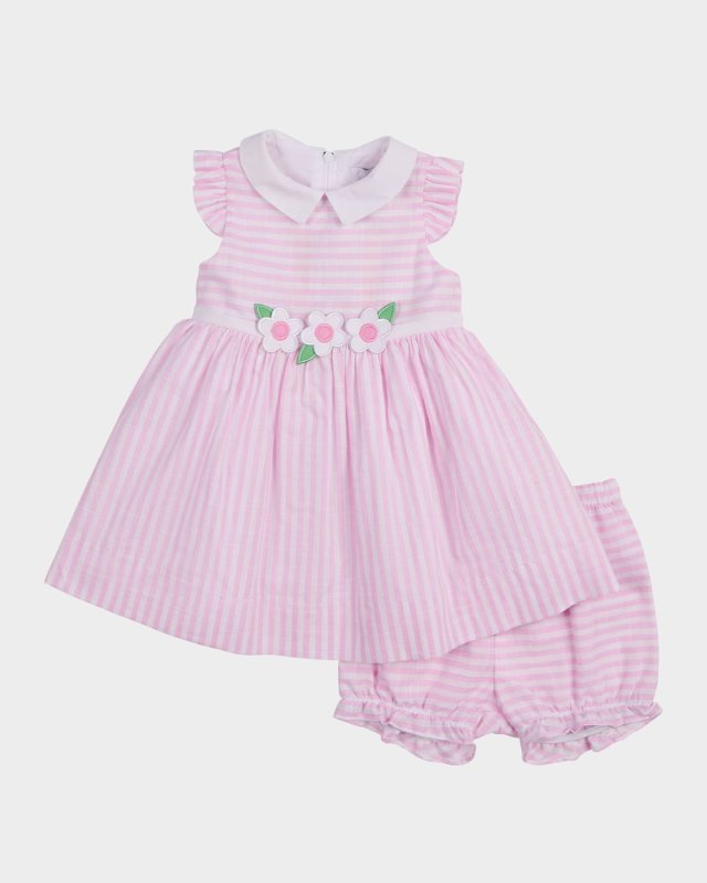 Girl's Floral Embroidered Stripe Dress with Bloomers, Size 3M-24